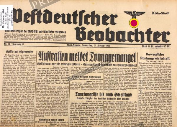 Westdeutscher Beobachter Abend Ausgabe, 20.02.1941